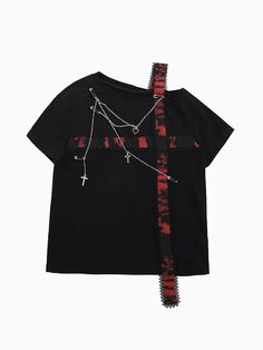 Y2K Aesthetic Grunge T-Shirt Y2k Aesthetic Grunge, Goth Tops, Y2k T Shirt, Rash Guard Swimwear, Patchwork Top, Chain Top, Grunge Streetwear, Cross Chain, Off Shoulder Fashion