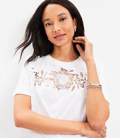 Floral Lace Yoke Tee Spring Crew Neck T-shirt With Lace Top, Spring T-shirt With Lace Trim And Crew Neck, Casual Scalloped Lace Tops, Spring Lace Top T-shirt With Crew Neck, Spring Lace Trim Crew Neck Top, Casual Cotton Tops With Cutwork Hem, White Feminine Top With Cutwork Hem, Spring Cotton T-shirt With Lace Trim, Casual Tops With Lace Sleeves And Crew Neck