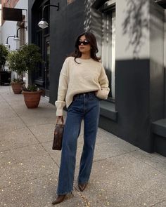 Spring style done right. Here, our 100% Organic Cotton Boyfriend Crew makes an entrance with a slight tuck, denim, and the perfect accessories. We love its oversized, cropped silhouette and ribbed detail on the cuffs and hem. Plus it's made from 100% organic cotton for a soft, slouchy vibe. Always fairly priced at $49.90. Casual Cotton Sweater, Women Plus Cotton Sweaters, Casual Winter Pants, Styling Crew Neck Sweater, Business Casual Sweatshirt, Winter Fashion Business Casual, Seattle Fashion Fall, Tucking Sweater, Crewneck And Jeans Outfit