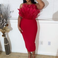 Feather Detail Front Midi Dress Bandage Fit Does Have Stretch Back Zipper Off Shoulder Model Is Wearing A Medium Red Feather Dress, Midi Pencil Dress, Stretch Back, Grey Midi Dress, Small Black Dress, Standard Dress, Red Feather, Black Velvet Dress, Midi Sheath Dress