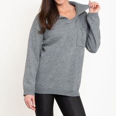 Featuring a relaxed fit, goes-with-anything gray color, and casual collared neck with front pocket, the Hudson Collared Sweater is perfect for every day wear with your favorite pair of jeans or leggings!