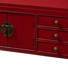 a red dresser with drawers and knobs on the doors is shown in front of a white background