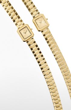 A total of 12 lab-created diamond markers illuminate the rectangular dial of this 18-karat gold-plated bracelet watch that wraps and wraps around your wrist. 23mm case Total lab-created-diamond weight: 0.02ct. Swiss quartz movement Mineral crystal face Stainless steel or stainless steel with 18k-gold plate/lab-created diamond Imported >Diamond Guide Gold Rectangular Watch Accessories For Formal Occasions, Gold Square Watch For Formal Occasions, Classic Gold Watch With Square Face, Classic Gold Square Watch Accessories, Timeless Yellow Gold Rectangular Watch, Yellow Gold Jewelry And Watches With Polished Rectangular Dial, Elegant Rectangular Gold Jewelry And Watches, Timeless Gold Watch Accessories With Diamond Hour Markers, Elegant Gold Watch Accessories With Solid Link Construction