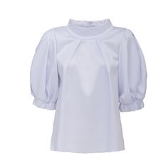 Add a touch of vintage charm to your collection with this short-sleeve puff blouse, made from glossy satin with a strong sheen. The blouse features a flattering high neckline and voluminous puff sleeves, creating a romantic and feminine silhouette. Perfect for both casual and formal occasions, this blouse pairs beautifully with high-waisted skirts or tailored trousers. The lightweight fabric ensures comfort, making it an ideal choice for warmer days. Equipped with a zipper, this blouse combines Solid Color Puff Sleeve Top With Gathered Sleeves, Solid Puff Sleeve Top With Gathered Sleeves, Puff Sleeve Top With Gathered Short Sleeves, Elegant Tops With Blouson Sleeves, Chic Fitted Short Sleeve Puff Top, Chic Fitted Puff Sleeve Short Sleeve Top, Chic Fitted Short Sleeve Top With Puff Sleeves, Feminine Satin Tops For Workwear, Satin Puff Sleeve Tops For Work