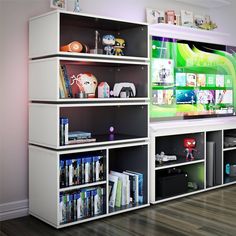 a white bookcase with shelves filled with books