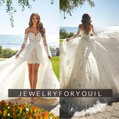 a woman in a wedding dress with long sleeves and open back, posing for the camera