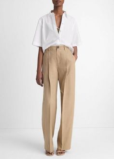 Buy High-Waist Tailored Wide-Leg Trouser for USD 345.00 | Vince Beige Trousers Outfit, Beige Trouser, Womens Pants Design, Trousers Details, Cotton Linen Pants, Cropped Shirt, Trouser Style, Japanese Cotton, Linen Trousers