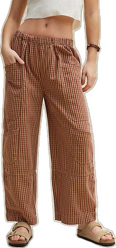 Casual Plaid Wide-leg Bottoms, Trendy Plaid Cotton Pants, Plaid Wide-leg Pants With Pockets, Wide-leg Plaid Bottoms With Pockets, Cotton Gingham Pants For Fall, Gingham Cotton Pants For Fall, Fall Gingham Cotton Pants, Plaid Cotton Wide-leg Pants, Plaid Cotton Pants For Work