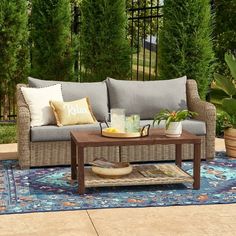 a couch sitting on top of a blue rug next to a wooden table and potted plants