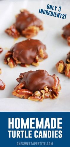 homemade turtle candies on a plate with text overlay