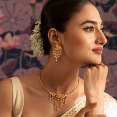 Buy Jalaja Floral Statement Cuff Necklace | Tarinika Cuff Necklace, Pearl Chains, Flowers And Pearls, Buy Jewellery Online, Indian Jewellery Design, Traditional Earrings, Length Necklace, Indian Earrings, Antique Necklace