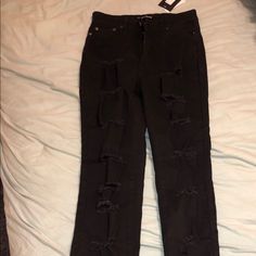 Blacked Ripped Skinny Jeans. Size 11 But Fit Like A 7 High Waist Ripped Black Pants, High Rise Black Jeans With Zipper Closure, Black High Rise Jeans With Zipper Closure, Black High-rise Jeans With Zipper Closure, Trendy Black Ripped Pants, Black Ripped Edgy Pants, Edgy Black Ripped Pants, High Rise Ripped Black Pants, Black High Rise Ripped Pants