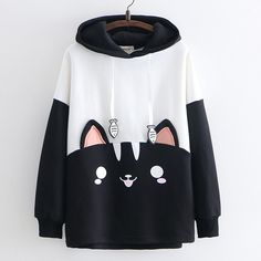 Material:+Cotton, Colour:+Black Size:+Free, Length+64cm,+Bust+110cm,+Shoulder+66cm,+Sleeve+42cm, Cute Black Long Sleeve Hoodie, Winter Long Sleeve Hoodie With Cat Design, Cute Black Hooded Top, Cat Design Long Sleeve Hoodie For Streetwear, Kawaii Black Hoodie For Fall, Casual Cat Design Hoodie Sweatshirt, Black Hoodie With Cat Design, Black Kawaii Hoodie For Winter, Black Kawaii Hoodie For Fall