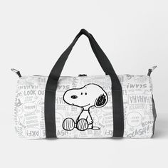 This Peanuts artwork features Snoopy sitting on background of black and white Charles M. Schulz comic strips. Snoopy Sitting, Weekender Bag Pattern, Snoopy Stuff, Snoopy Gifts, Black And White Comics, Travel Bag Essentials, Bag Aesthetic, Bags Aesthetic, Cute Tote Bags