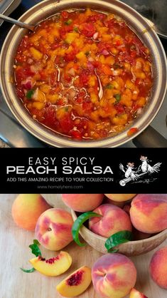 peach salsa in a bowl next to sliced peaches on a cutting board with text overlay that reads easy spicy peach salsa add this amazing recipe to your collection