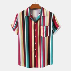 Oversized Shirt Men, Short Sleeve Shirts, Beach Shirts, Color Style, Shirt Collar, Summer Shirts, Stripe Print, Collar Shirts, Striped Shirt