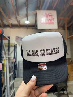 All Gas, No Brakes Trucker Hat Graphic Trucker Hat, Trucker Hat Designs Ideas, Diy Trucker Hat Ideas, Bar Sayings, White Trucker Hat, Funny Trucker Hat, Hat Bar, Patch Hats, Funny Hats