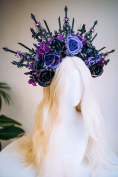 Black Floral Crown, Black And Purple Crown, Persephone Crown, Halo Crown Headpieces, Fae Ball, Flower Halo Headband, Purple Flower Crown, Celestial Goddess, Halo Headpiece