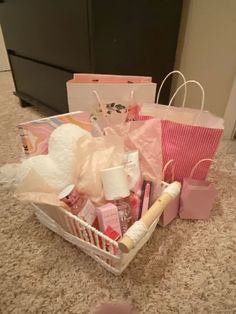 a basket filled with lots of items on top of a counter