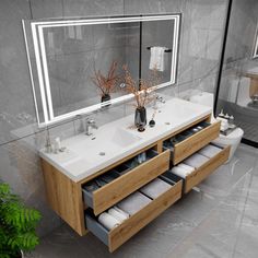 a bathroom vanity with two sinks and mirrors on the wall next to a potted plant