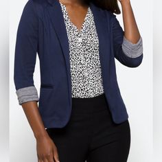 52% Polyester 48% Rayon Versatile Blazer Can Be Paired With Slacks Or A Skirt For The Office, Or Jeans And A Tee For Happy Hour With Friends. Sold Print, Unlined And Ruched Sleeve Brand New Versatile Fitted Blazer For Layering, Chic Fitted Navy Blazer, Casual Office Blazer With Stretch, Casual Stretch Blazer For Office, Casual Tailored Blazer For Layering, Casual Blue Blazer For Office, Casual Stretch Blazer For Fall, Casual Blue Blazer For Office Wear, Chic Stretch Blue Outerwear