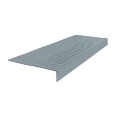 a gray plastic shelf with holes on the top and bottom, against a white background