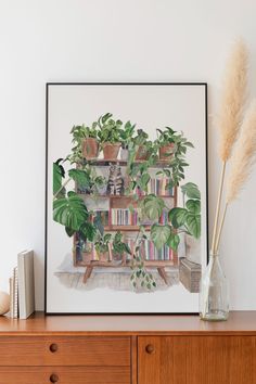 a cat is sitting on a bookshelf with plants