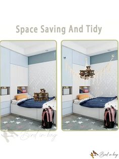 two pictures of a bedroom with teddy bears on the bed and in the background there is space saving and tidy