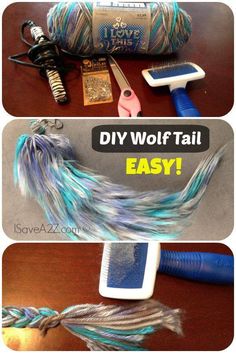 two pictures showing how to make an easy diy wolf tail with yarn and scissors