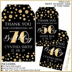 black and gold 50th birthday party tags with confetti on the front, thank you for celebrating my seventyth birthday