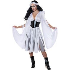 a woman dressed in a white costume with long black hair