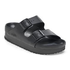 Arizona Flex Platform Leather Black | BIRKENSTOCK Platform Birkenstock, Platform Outfit, Black Birkenstock, Birkenstock Style, Shoes Slides, Two Strap Sandals, Comfy Sandals, Shoes Teen, Suede Fashion