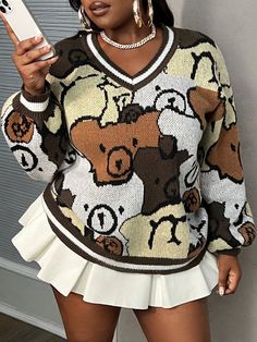 Women's Casual Plus Size Sweaters For Winter, Plus Size Loose Striped Trim Bear Print V-Neck Long Sleeve Drop Shoulder Pullover Knit Top Multicolor Casual  Long Sleeve Knitwear Animal,Cartoon,Striped,All Over Print Pullovers Medium Stretch  Women Plus Clothing, size features are:Bust: ,Length: ,Sleeve Length: Winter Plus Size, Plus Size Pullover, Animal Cartoon, Oversized Pullover, Plus Size Sweaters, Bear Print, Inspiration Mode, Knit Set, Print Pullover