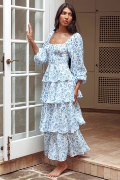 Provence Bloom Long Sleeve Maxi Dress Floral Blue White Kitten Heels, Maxi Dress Floral, White Kitten, Ruffle Design, Date Night Dresses, Mini Dress Casual, Sleeve Maxi Dress, Basic Dress, Tiered Maxi Dress