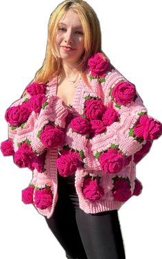 One Size Pink Knitted Cardigan, Oversized Pink Sweater Coat For Spring, Pink Chunky Knit Outerwear For Spring, Pink Knitted Outerwear For Spring, Pink Knitted Cardigan For Spring, Pink Crochet Outerwear For Winter, Pink Crochet Sweater For Spring, Spring Pink Knitted Cardigan, Pink Chunky Knit Cardigan For Spring