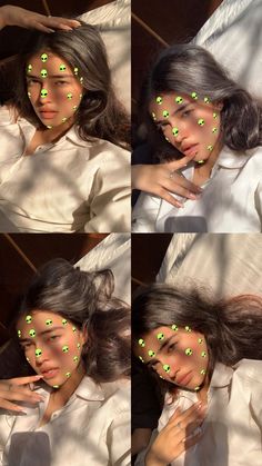 four photos of a woman with green dots on her face and hands in front of her face