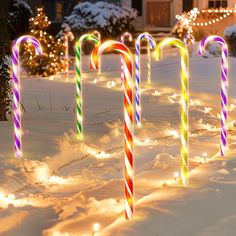 candy canes are lined up in the snow with christmas lights behind them and on the ground