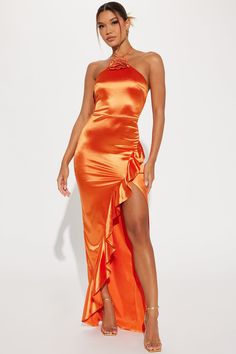 Orange Satin Dress, Orange Evening Dresses, Neck Flower, Stunning Prom Dresses, Satin Maxi, Satin Maxi Dress, Orange Fashion, Flower Applique, Matching Dresses