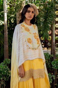 Yellow cape with thread, beads, nakshi and tassels embroidery. Comes with gharara and a kurta. - Aza Fashions Designer Palazzo Set With Cape Sleeves For Eid, Eid Sets With Dupatta And Cape Sleeves, Festive Anarkali Set With Cape Sleeves For Eid, Eid Palazzo Set With Dupatta And Cape Sleeves, Eid Festive Sets With Cape Sleeves, Festive Sets With Cape Sleeves For Eid, Festive Eid Sets With Cape Sleeves, Bollywood Palazzo Set With Resham Embroidery And Cape Sleeves, Festive Georgette Sharara With Cape Sleeves