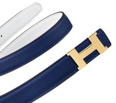 Hermès Cuir de ceinture réversible pour femme en veau Swift, coloris bleu saphir et veau Epsom, coloris blanc (largeur 24 mm) & Boucle en métal plaqué or (largeur 24 mm) Mens Belt, Women Belt, Jewelry Style, Bracelet Cuir, Street Look, Sapphire Blue