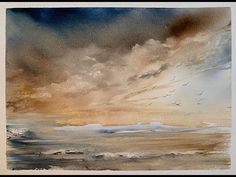 watercolor painting of clouds and birds flying in the sky over an ocean at sunset