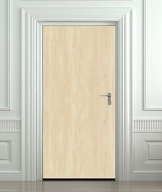 an empty room with a wooden door in the center and white walls on either side