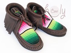 Brown Hand-stitched Moccasins With Round Toe, Multicolor Leather Moccasins With Rubber Sole, Handmade Brown Leather Moccasins, Multicolor Leather Moccasins With Round Toe, Hand-stitched Leather Moccasins With Round Toe, Serape Fabric, Handmade Moccasins, Hippie Boots, Moccasin Boots