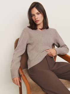 It's getting cold-ish. Shop the Dulce Cashmere V-neck Sweater, a sustainable sweater from Reformation. Vneck Sweater Outfit, Sustainable Sweater, Taupe Sweater, Fall 23, Cashmere Blend Sweater, Swimwear Dress, Vintage Inspired Dresses, Outerwear Sweater, Inspired Dress