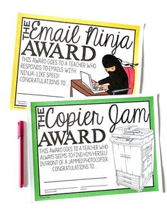 two copies of the copien gam award with marker pens and pencils