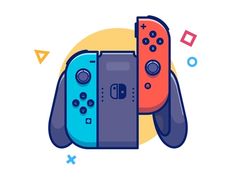 two video game controllers sitting next to each other on top of a white background with colorful shapes