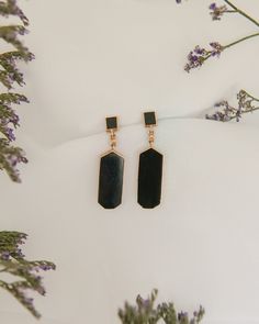 * Earring Material: Onyx, 14K Yellow Gold * Earring Dimensions: 1.5 Inch x 0.4 Inch Total Dangle * Stone Weight & sizes: 2 Rectangle Onyx, 2 Heptagon Onyx * Overall weight: 5.5g * Earring Backing Type: Push Back Post Elegant Hexagon Jewelry With Polished Finish, Black Hexagon Jewelry For Formal Occasions, Elegant Black Rectangular Earrings, Onyx Earrings, Gold Earring, Yellow Gold Earring, Onyx, 4 Inch, Etsy Earrings