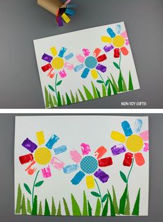 two pictures of flowers painted on paper with colored crayons in the middle and bottom