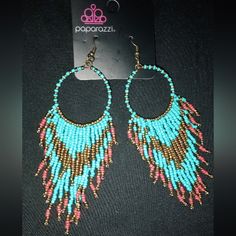 New Sead Bead, Hoop & Tassel Earrings, Nwt, Colors: Turquoise, Red, And Gold Tone Beads In Chevron Patterns. 1 1/2" Beaded Hoops & The Longest Beaded Tassels Are 3" Long. Turquoise Beaded Earrings With Beaded Chain, Turquoise Beaded Chain Earrings, Bohemian Large Beaded Earrings For Parties, Bohemian Party Earrings With Large Beads, Chevron Earrings, Chevron Patterns, Beaded Hoops, Paparazzi Jewelry, Seed Bead Earrings