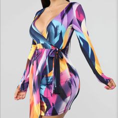 Fashion Nova Wrap Dress Vibrant Print V-neck Midi Dress For Party, Vibrant V-neck Midi Dress For Brunch, Multicolor V-neck Mini Dress With Vibrant Print, Fitted Multicolor V-neck Mini Dress, Trendy Multicolor Midi Party Dress, Trendy Multicolor Midi Dress For Party, Long Sleeve Party Dress With Vibrant Print, Vibrant Multicolor V-neck Dress, Vibrant Print Midi Party Dress